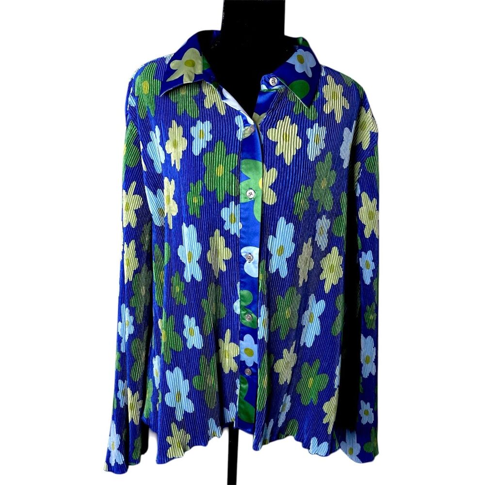 Womens Blue Floral Bell Sleeve Blouse 1X Retro Hippie Festival 1960s Mod Pleated